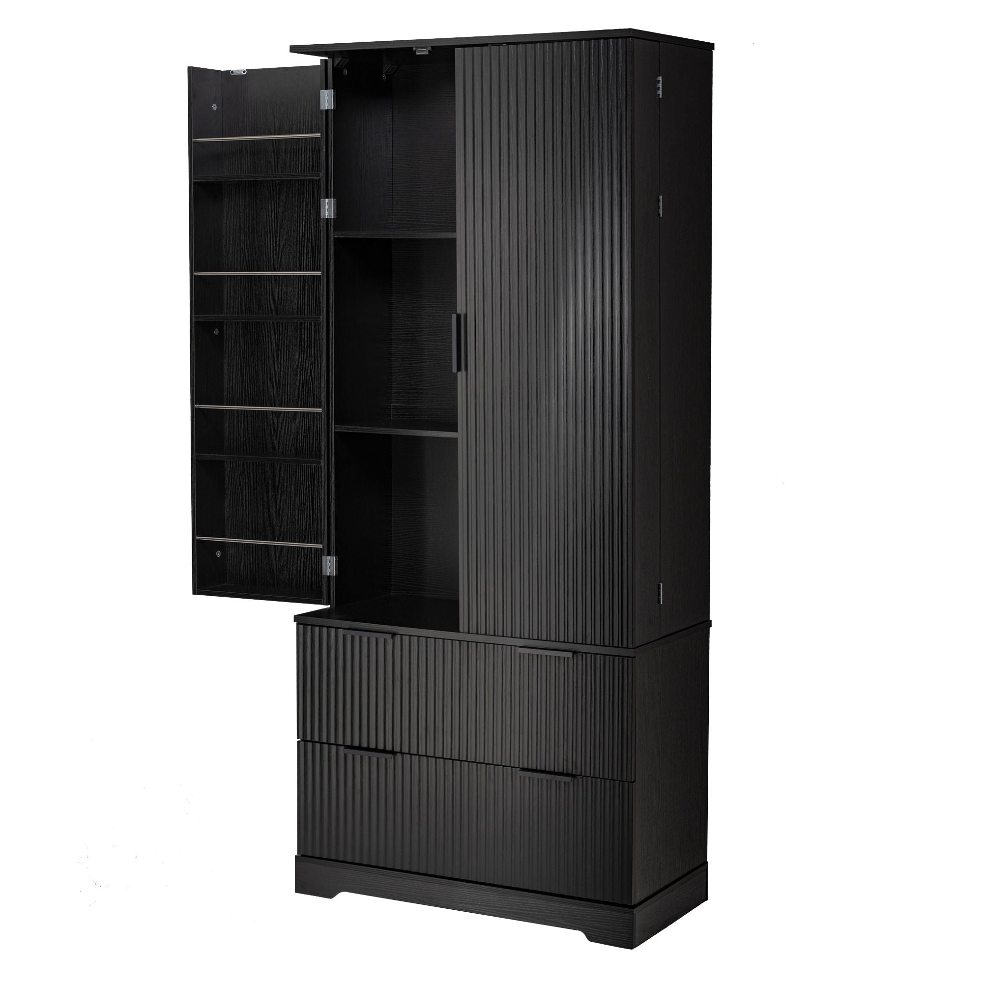 Fluted Kitchen Pantry Cabinet With 2 Large Drawers & 8 Door Spice Rack