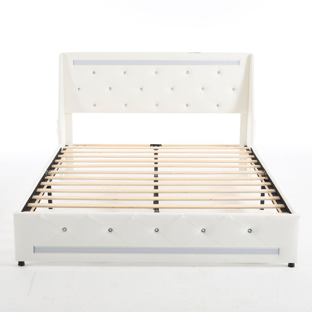 Wingback Upholstered Bed Frame With LED Lights, Charging Station