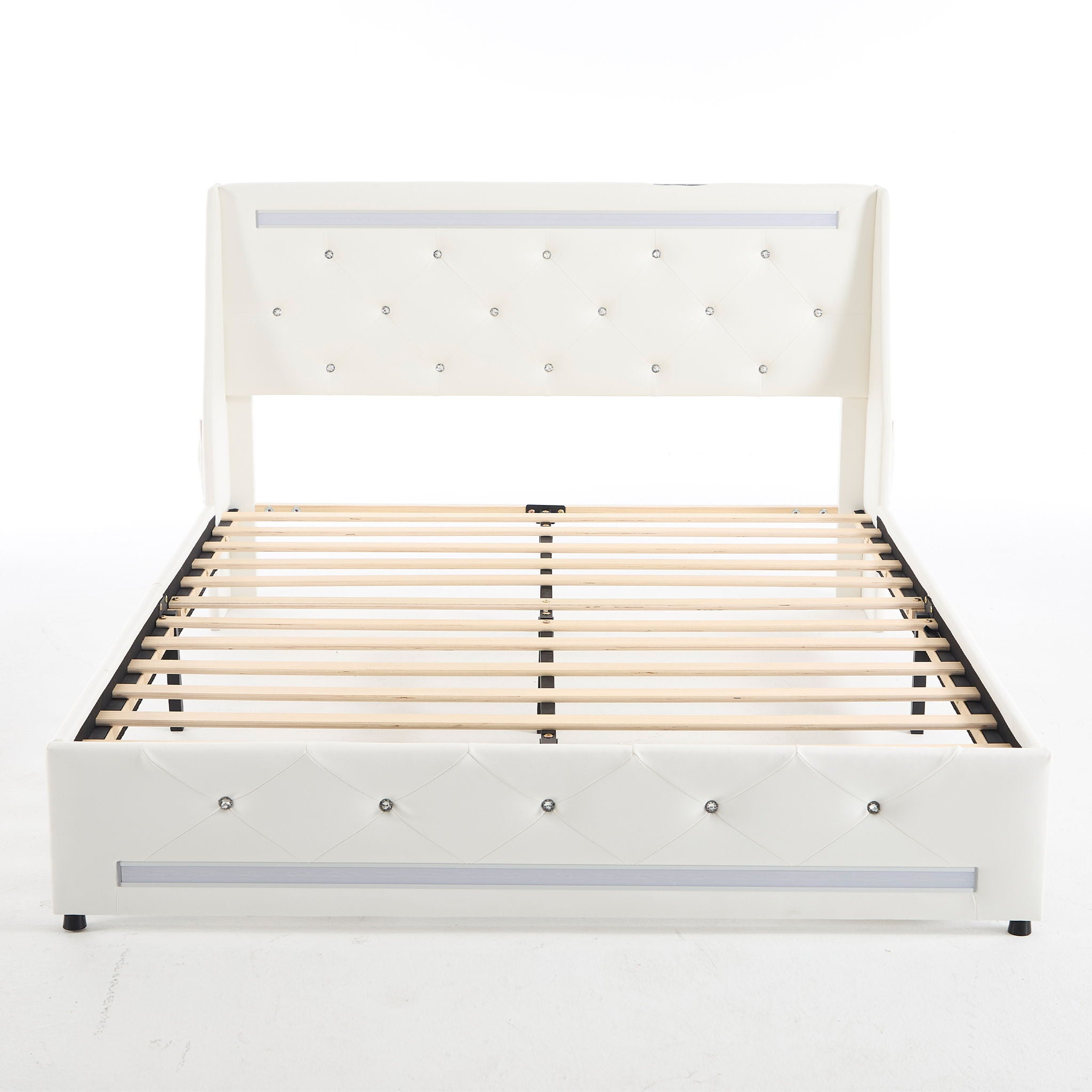 Wingback Upholstered Bed Frame With LED Lights, Charging Station