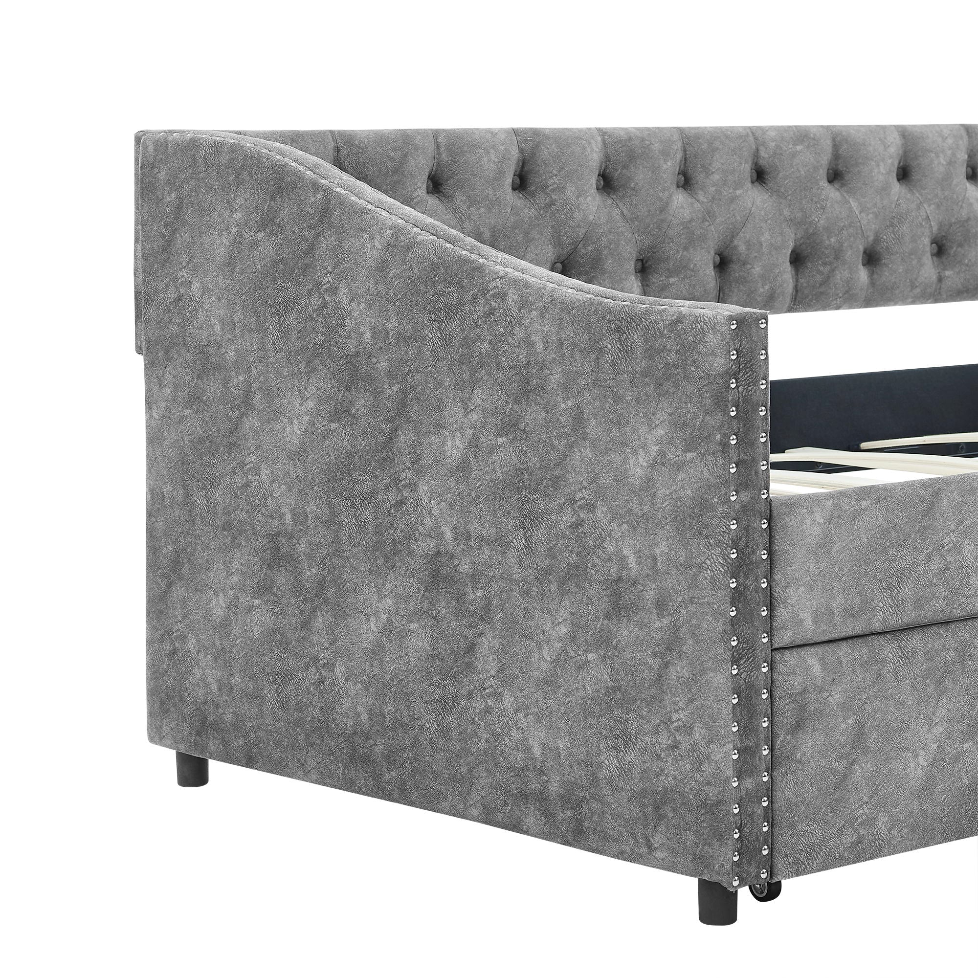Upholstered Tufted Daybed With 2 Drawers, Waved Arms