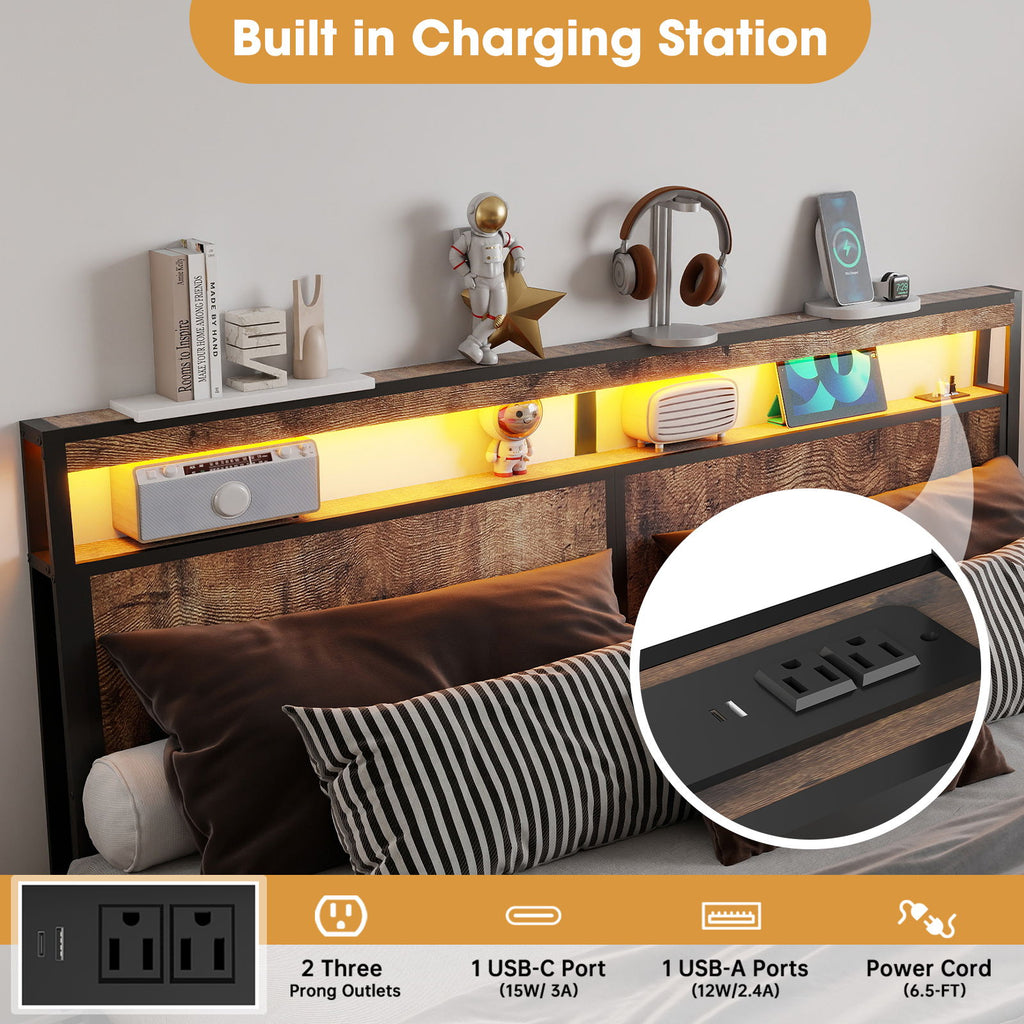 Bed Frame With Headboard, LED Lights & Charging Station