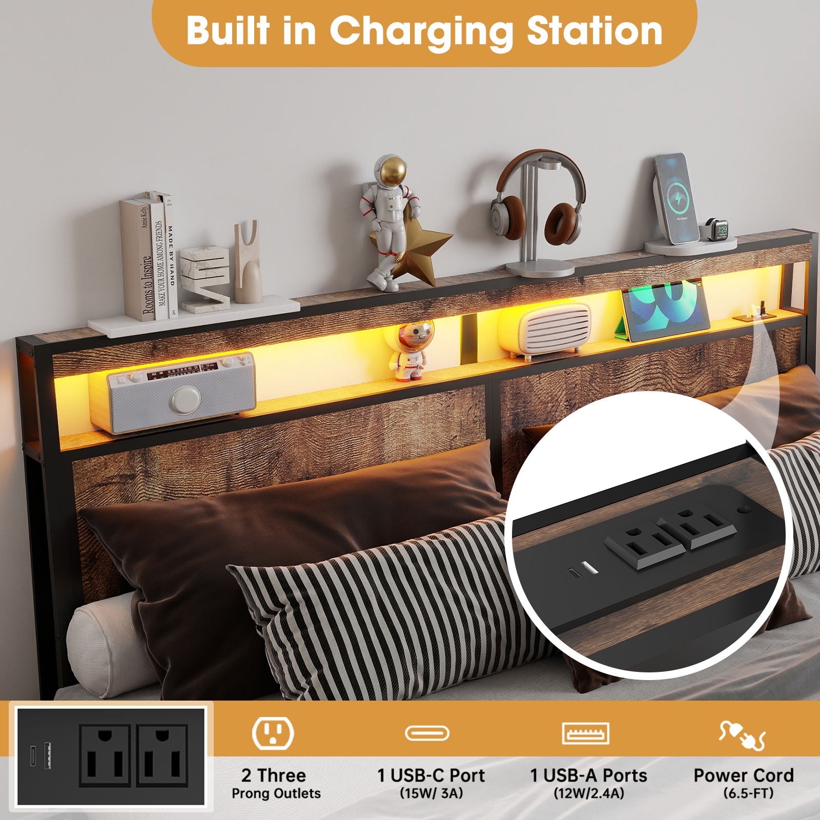 Bed Frame With Headboard, LED Lights & Charging Station