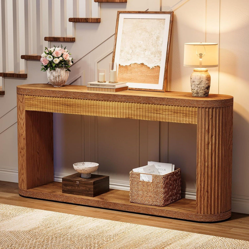 Narrow Fluted Console Table With Storage For Entryway - Brown
