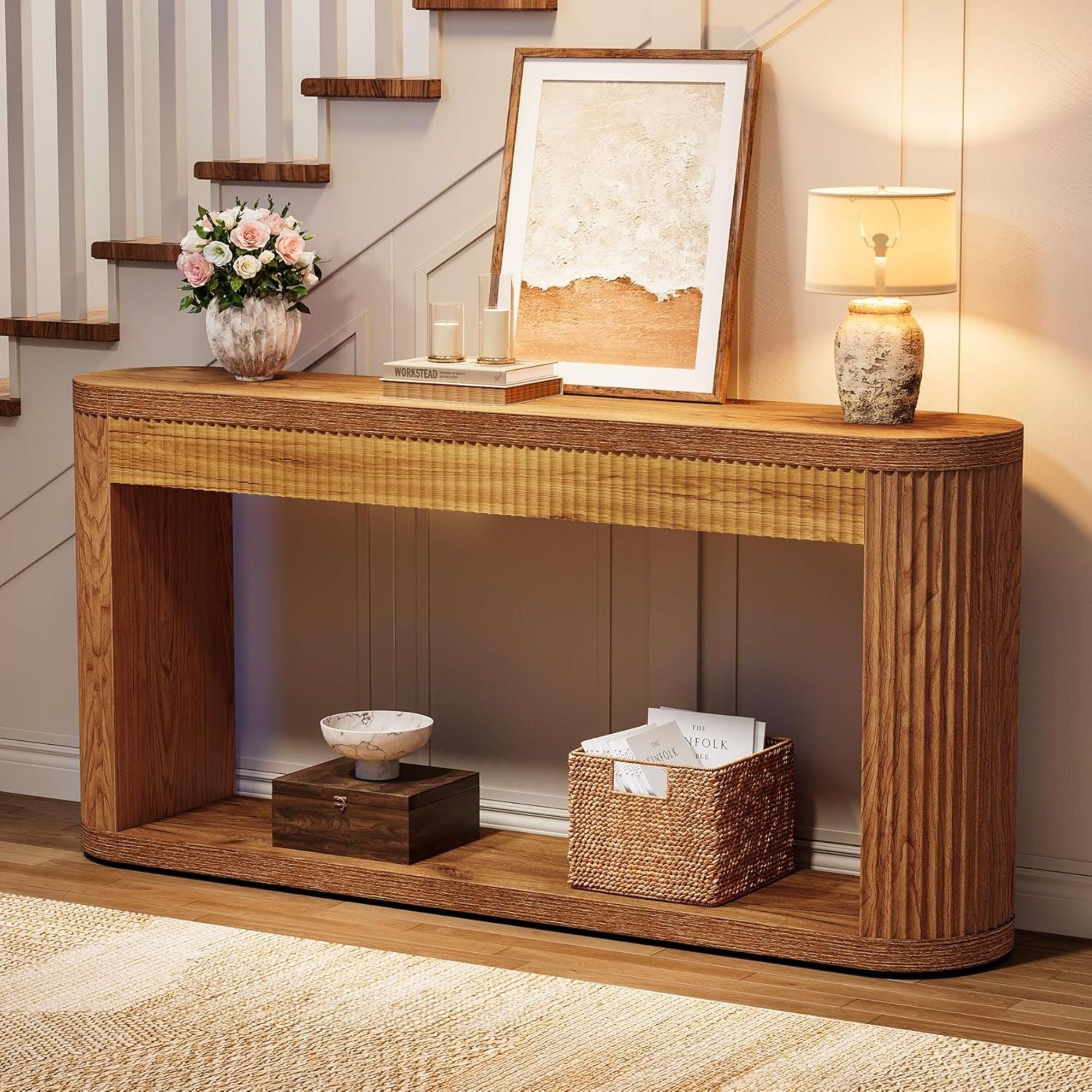 Narrow Fluted Console Table With Storage For Entryway - Brown