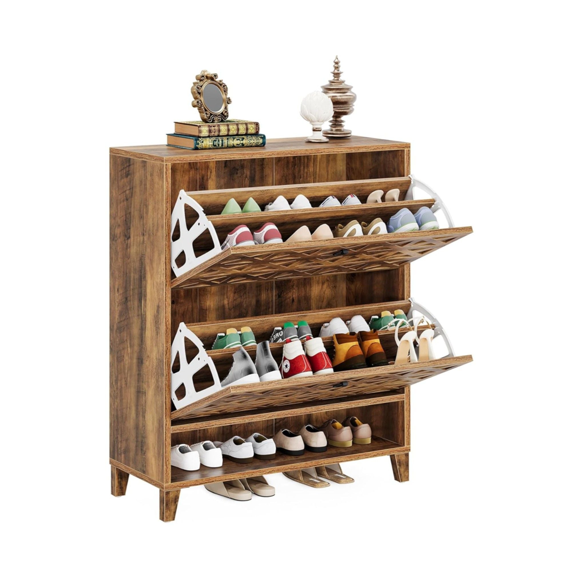 Narrow Shoe Cabinet With 2 Flip Drawers For Entryway Organizer - Rustic Brown