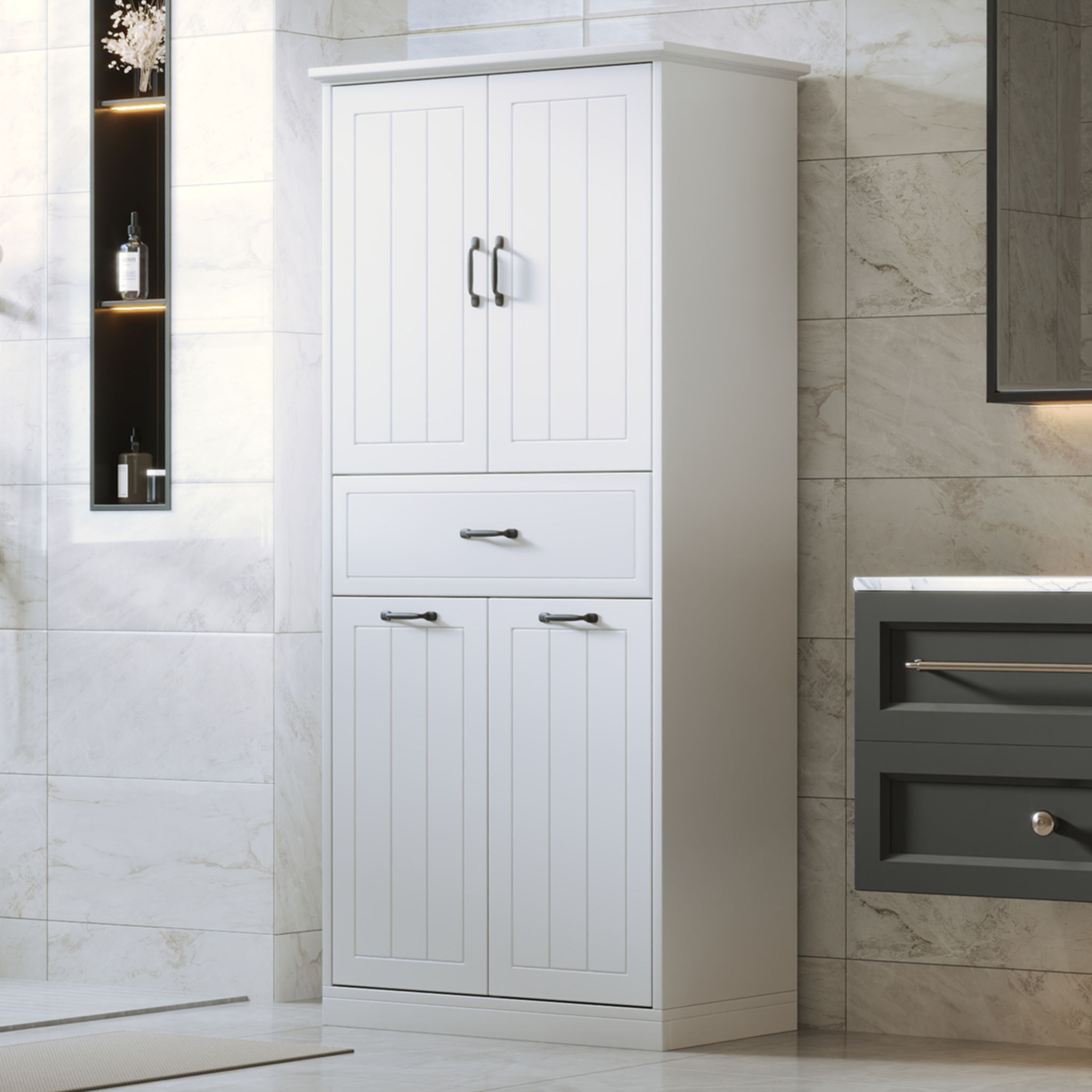 Modern Bathroom Storage Cabinet With Two Laundry Baskets, One Drawer, Adjustable Shelf