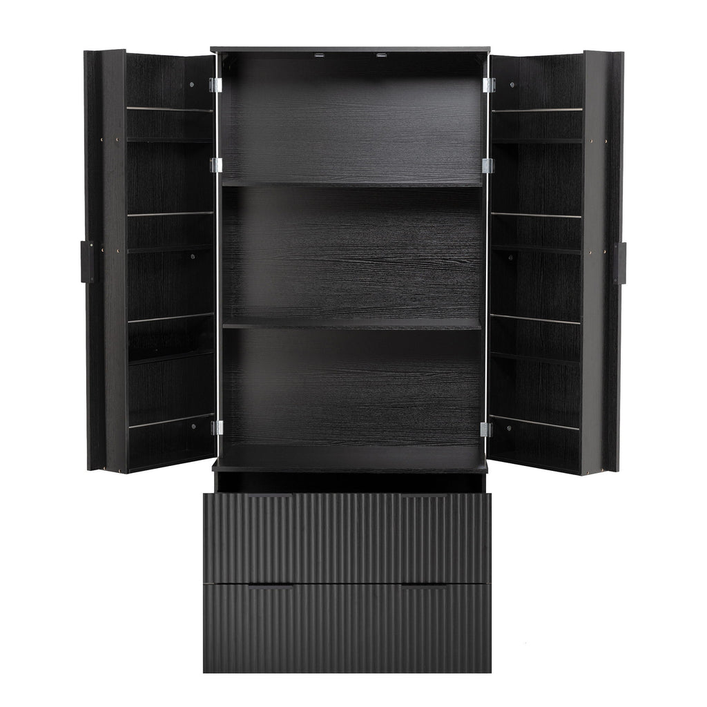 Fluted Kitchen Pantry Cabinet With 2 Large Drawers & 8 Door Spice Rack