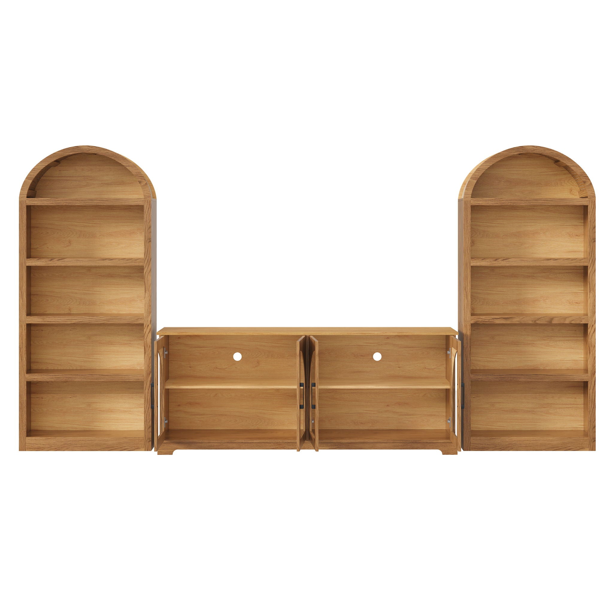 3 Piece TV Stand Set With Bookshelf With Arched Design For Living Room - Brown
