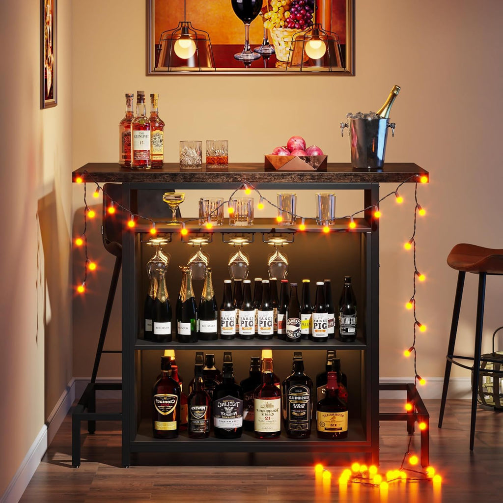 Home Bar Cabinet With 3 Tier Storage & 4 Wine Glass Racks - Brown / Black
