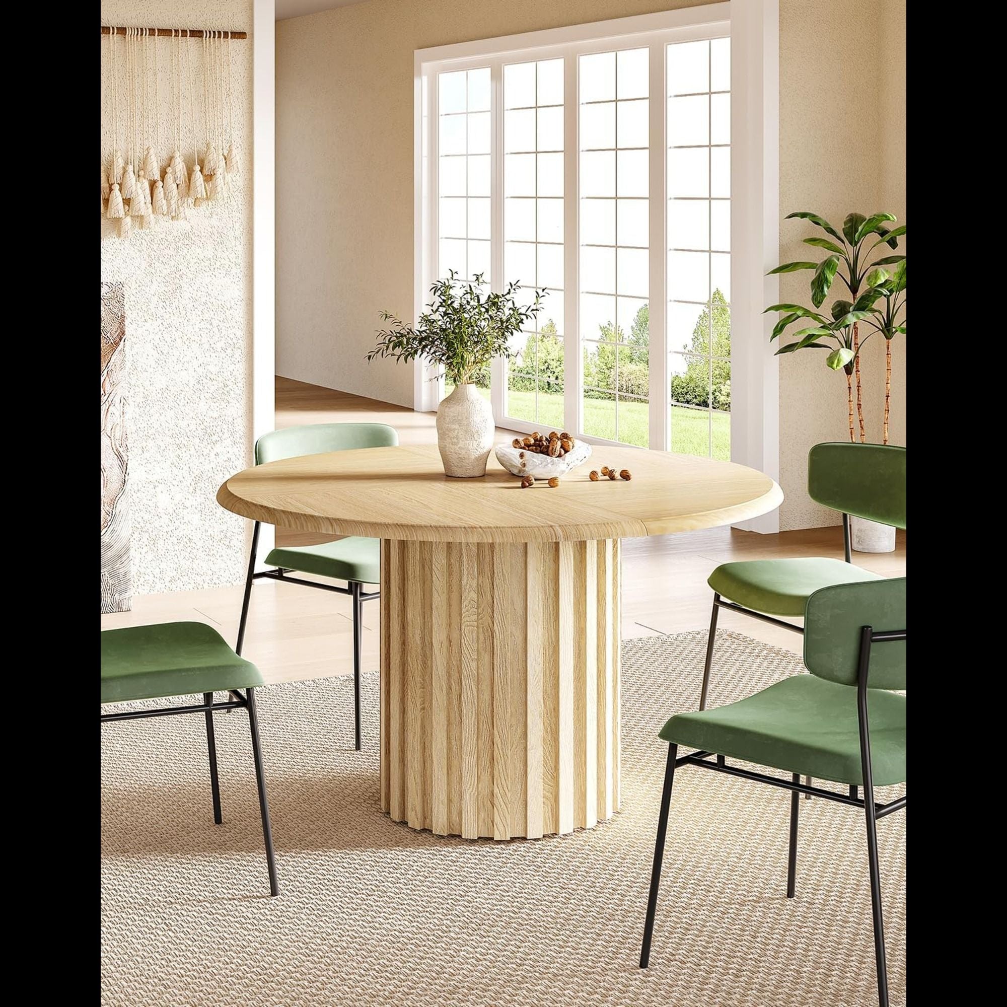 Round Dining Table With Fluted Pedestal Base, Circle Kitchen & Dinner Table - Natural Wood