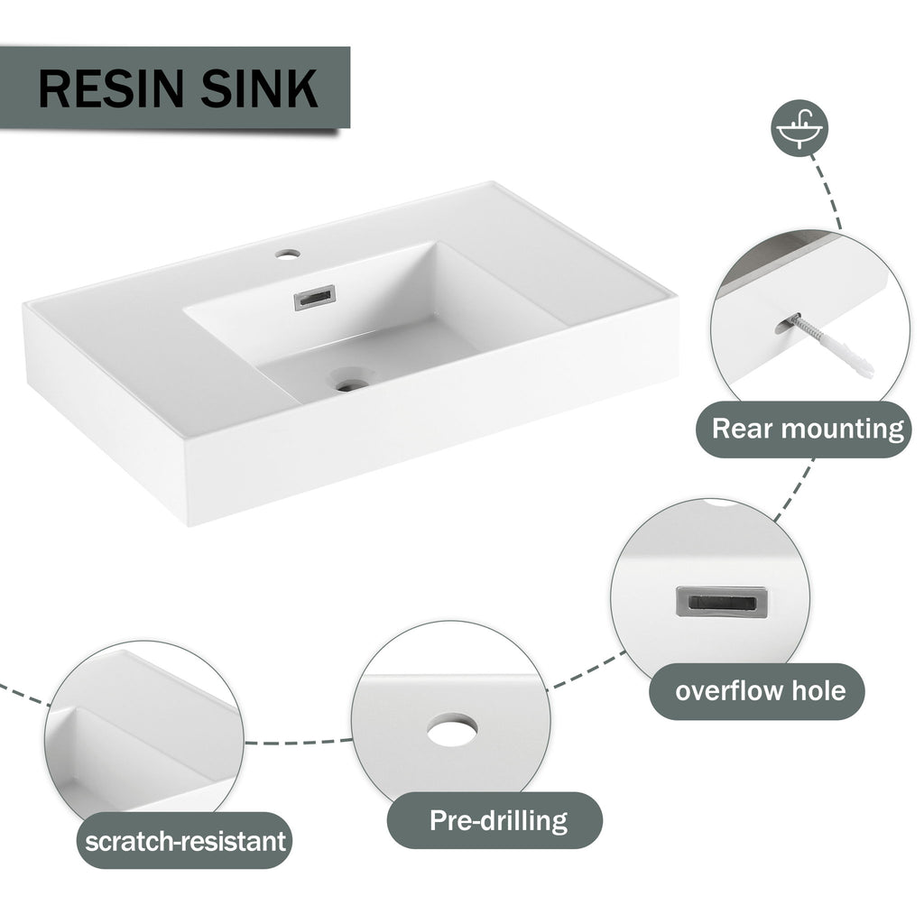 Modern Imitative Wall Mounted Bathroom Vanity With Resin Sink & 2 Side Cabinet, Soft Close Drawer - Imitative Oak
