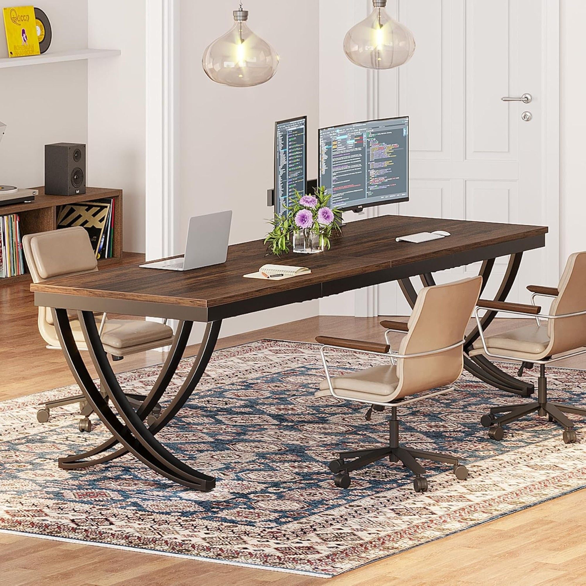 2 Person Desk With X Legs, Extra Long Office Workstation - Brown / Black
