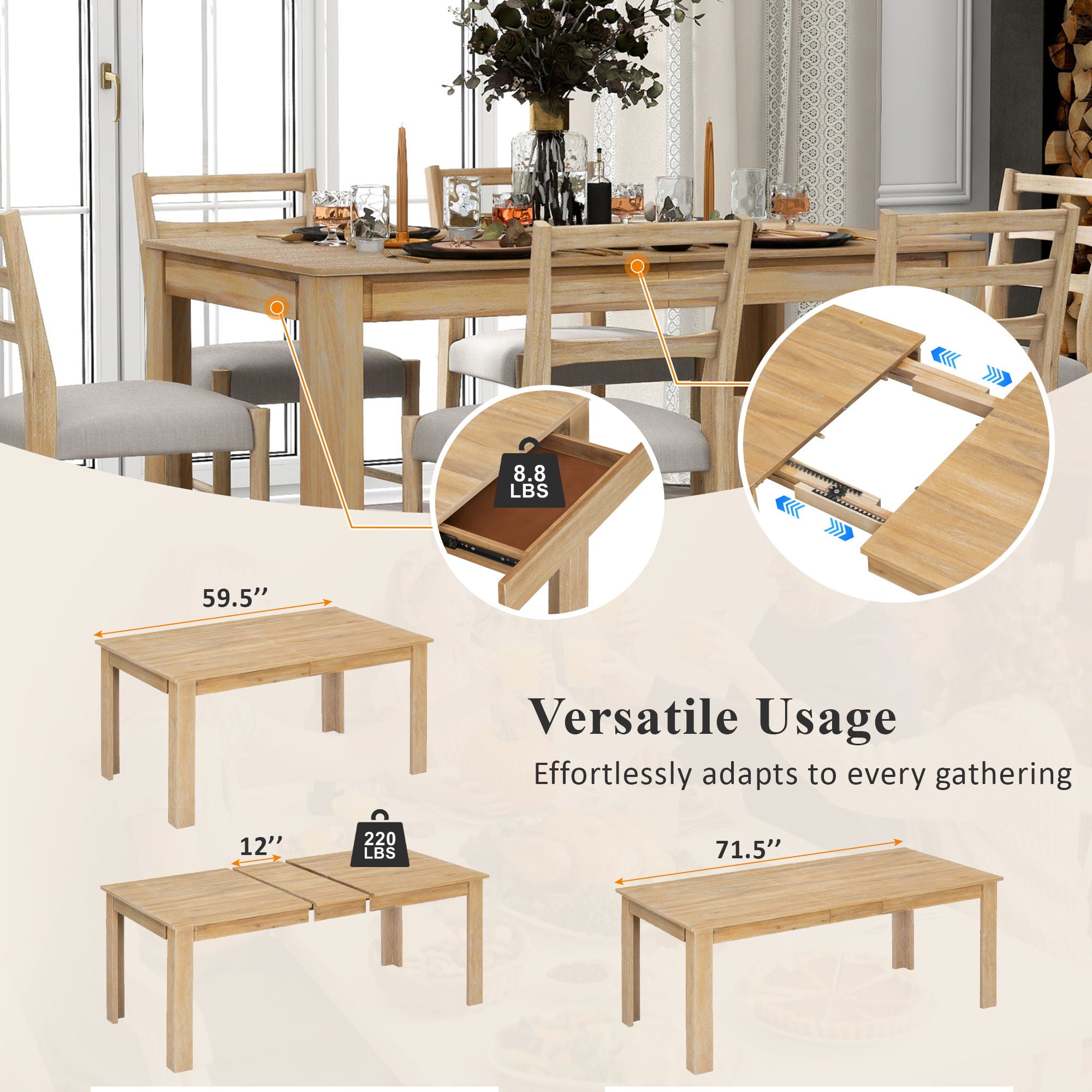 7 Piece Dining Set With Extendable Table, 2 Drawers & 6 Upholstered Chairs