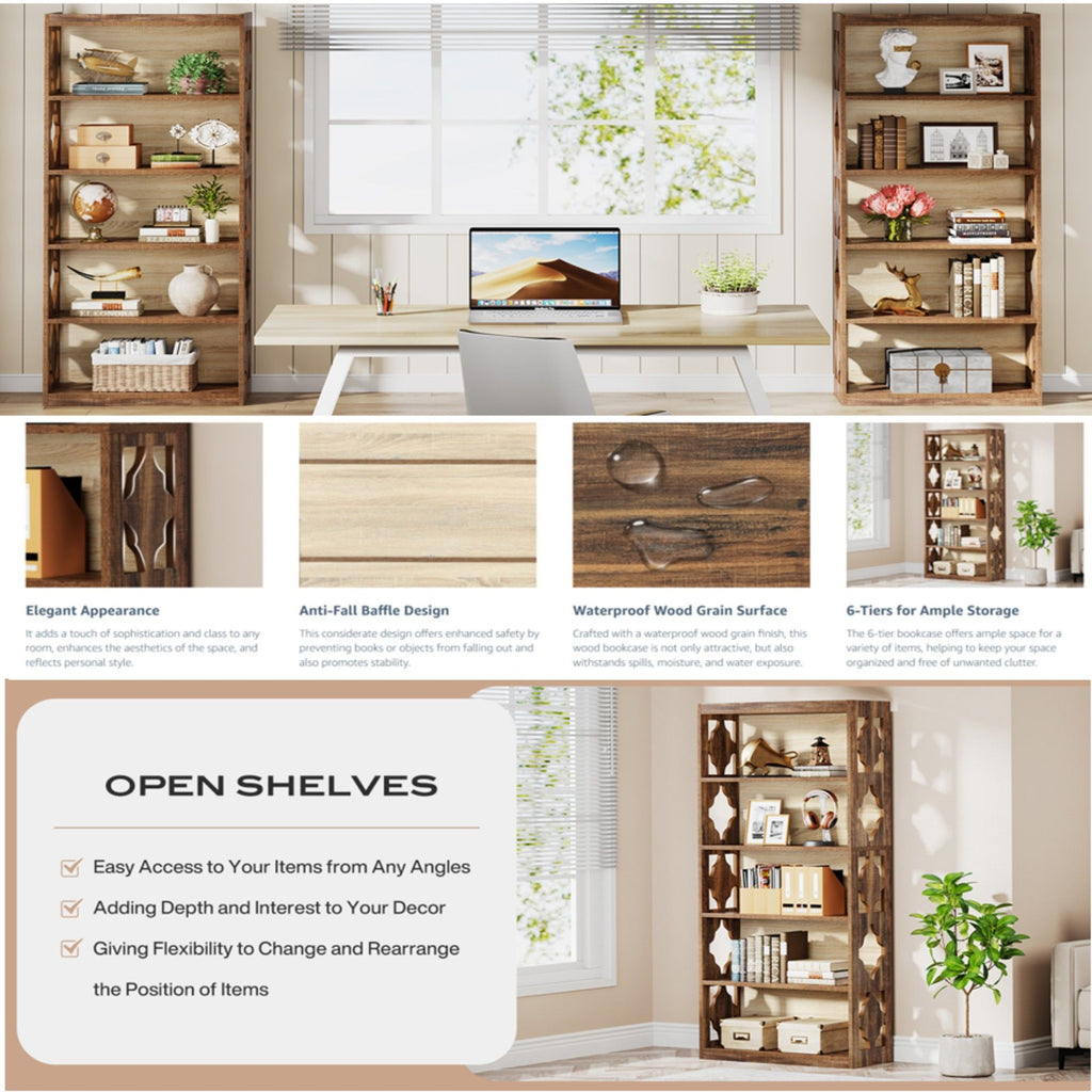 Rhombus Open Bookcase, 6 Tier Storage Shelves For Apartment - Brown