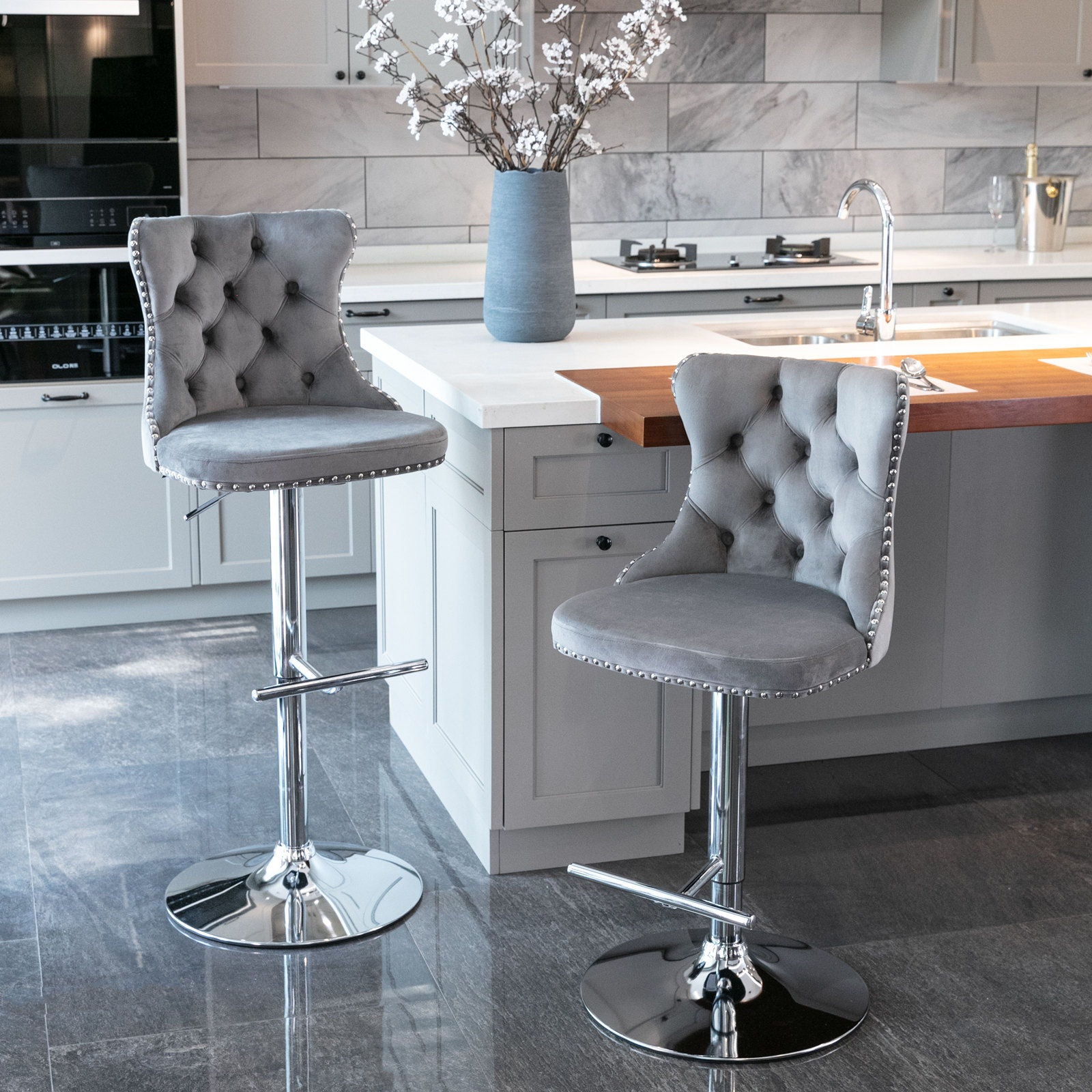 Swivel Barstools Adjusatble Seat Height From 25-33", Modern Upholstered Base Bar Stools With Backs Comfortable Tufted For Home Pub And Kitchen Island (Set of 2)