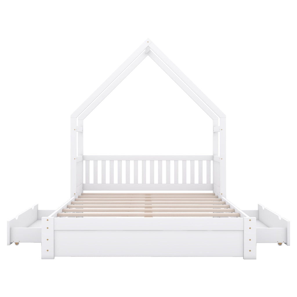 House Style Platform Bed With Guardrail And 2 Drawers