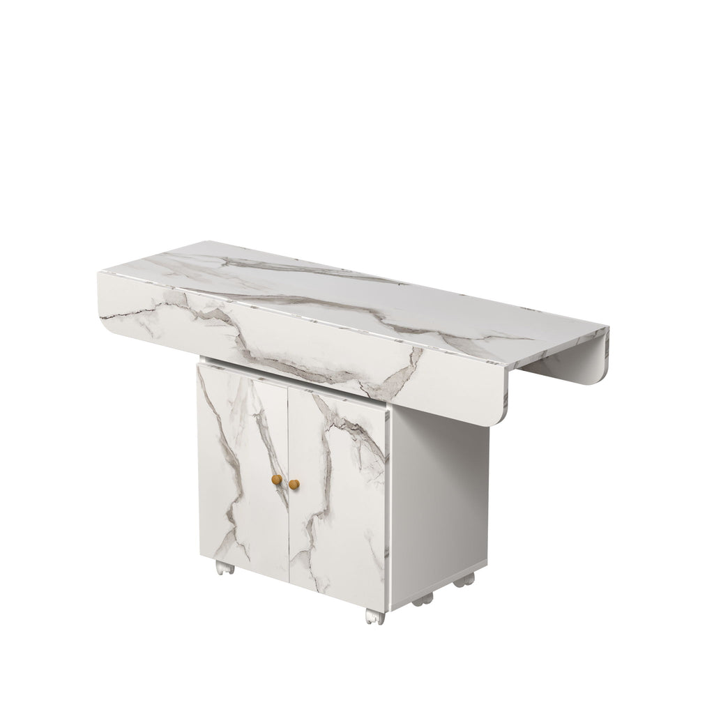 Versatile Marble Folding Dining Table With Storage Rack And Cabinet, 6 Wheels - White