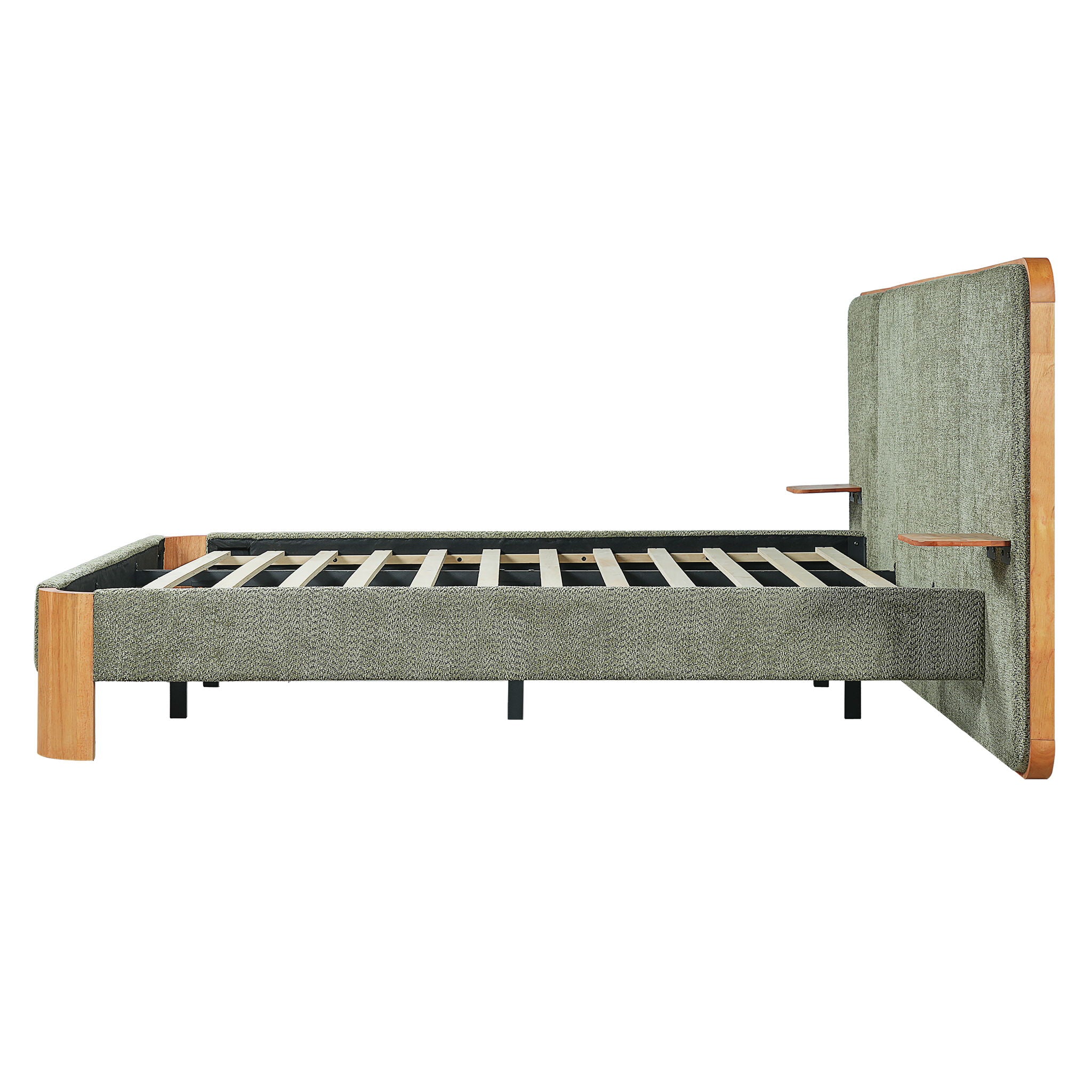 Upholstered Platform Bed Frame With Curved Headboard, Built-In Floating Shelves