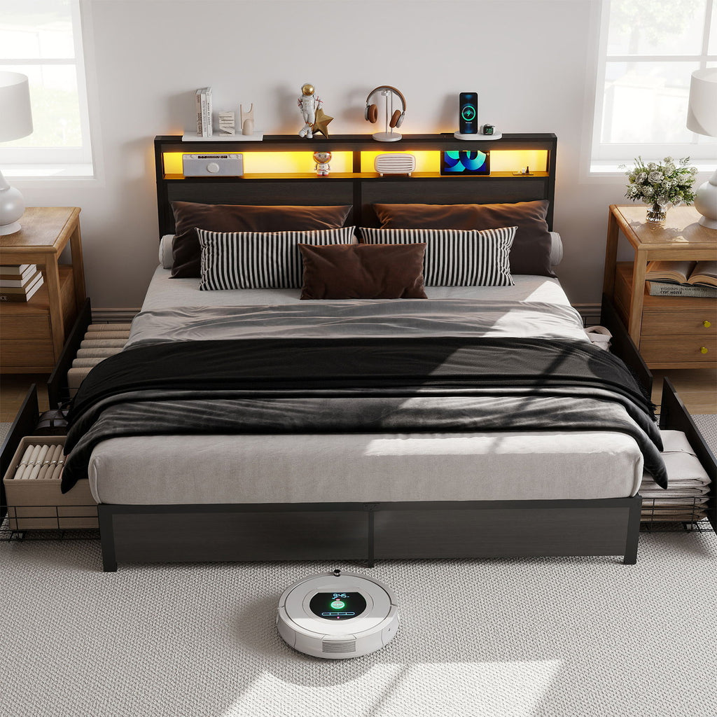 Bed Frame With Headboard, LED Lights & Charging Station