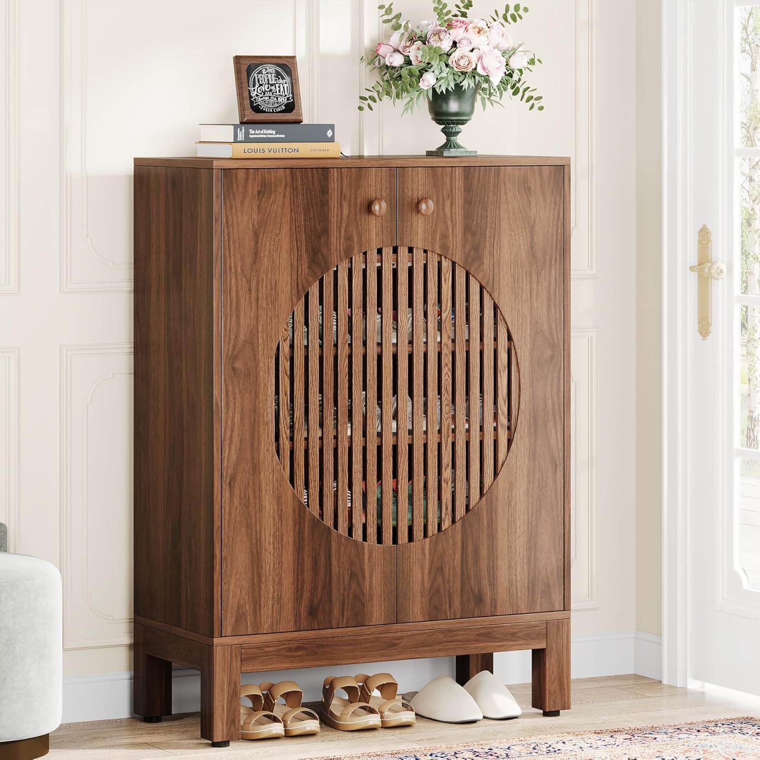 5 Tier Shoe Cabinet With Round Louvered Doors, Storage Organizer - Brown