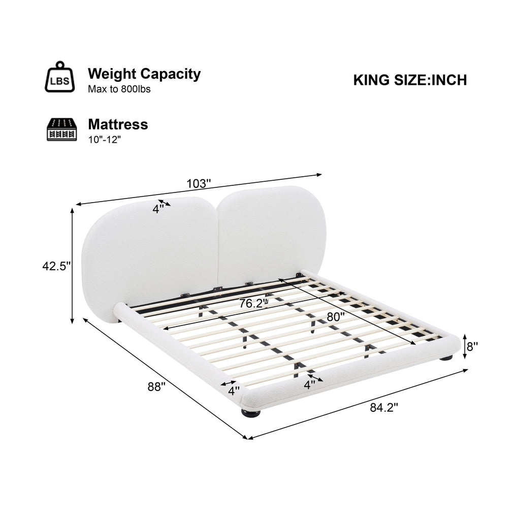 King Size Upholstered Platform Bed With Split Headboard - White