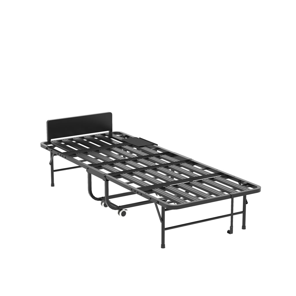 Twin Folding Bed With Adjustable Headboard & Memory Foam, Space Saving Rollaway Guest For Tall People, Portable On Wheels, Easy Assembly - Black