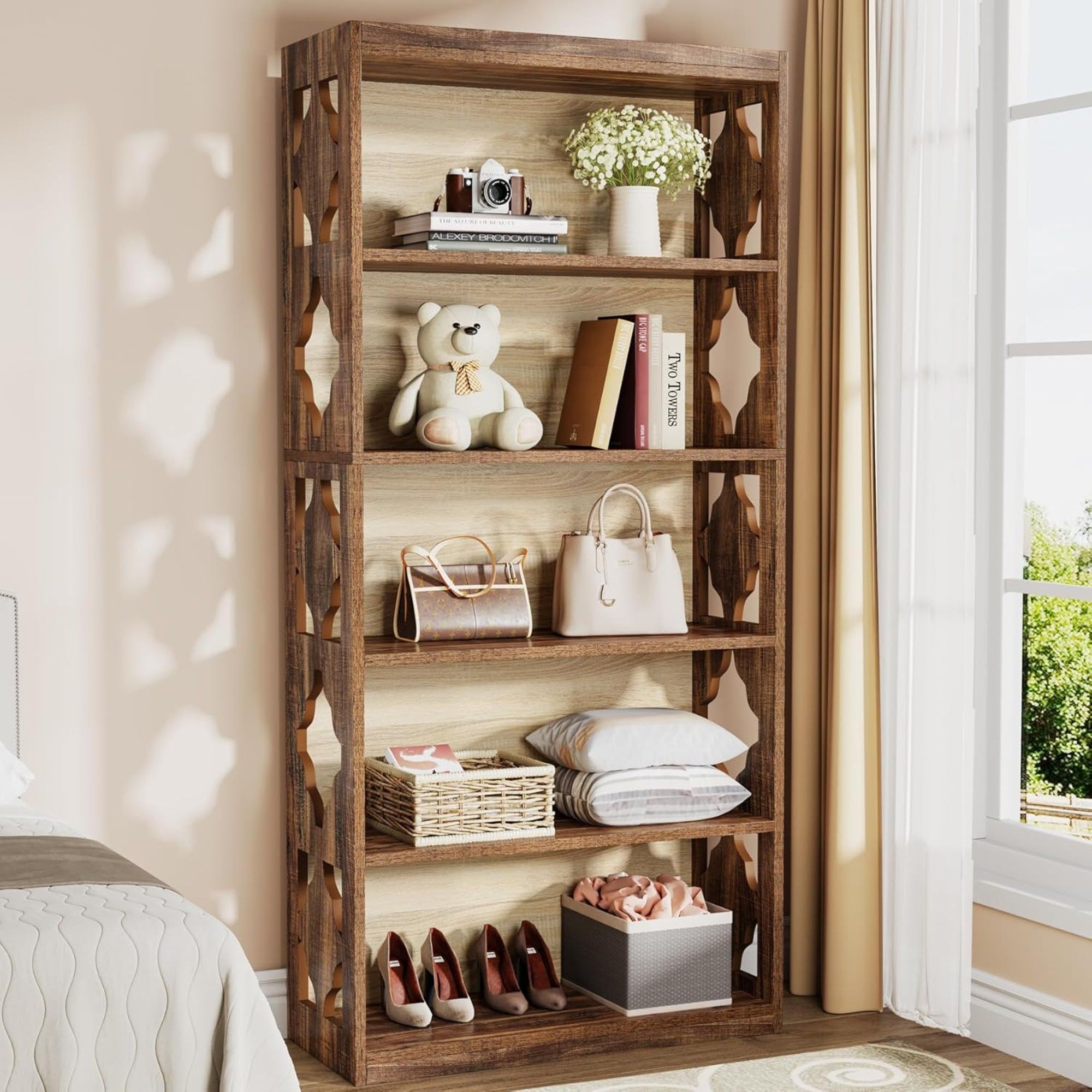 Rhombus Open Bookcase, 6 Tier Storage Shelves For Apartment - Brown
