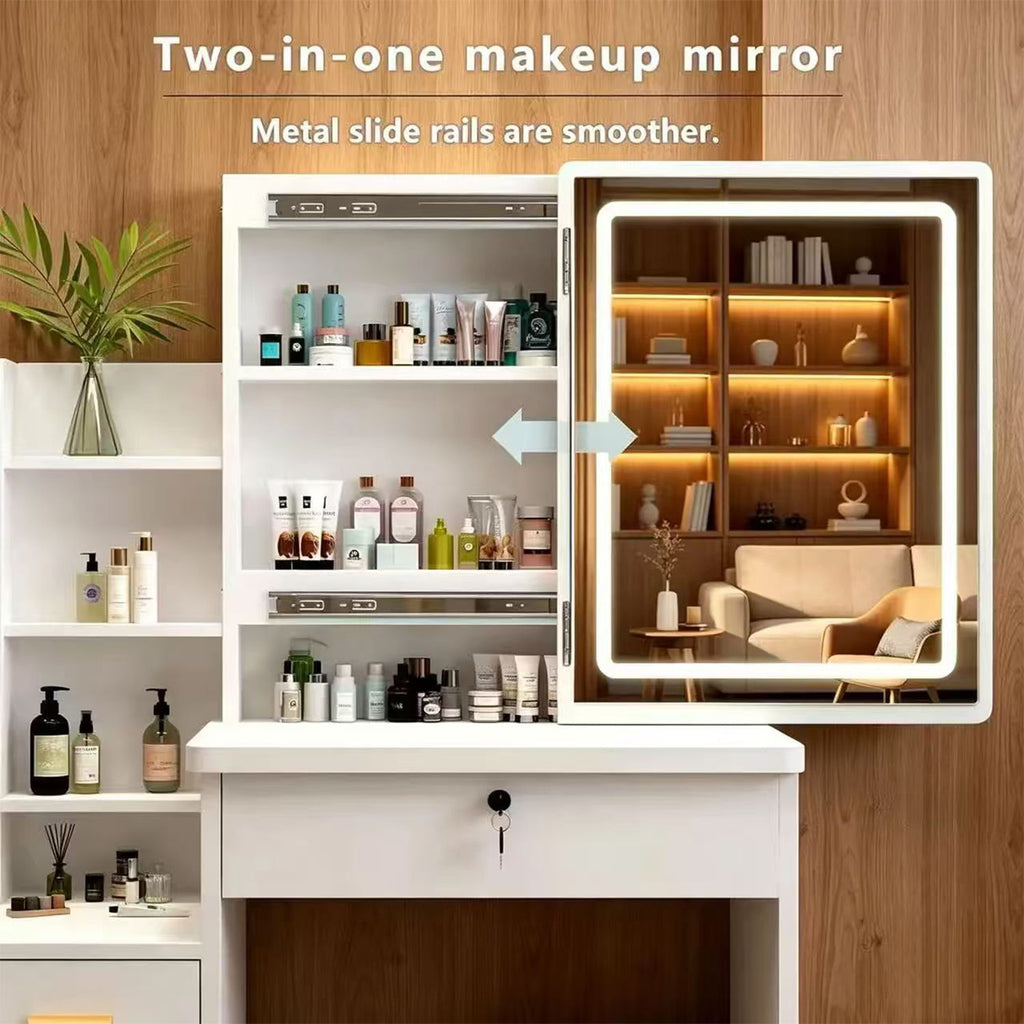 Vanity Set With LED Mirror, Storage Dressing Table & Cushioned Stool - Cream White