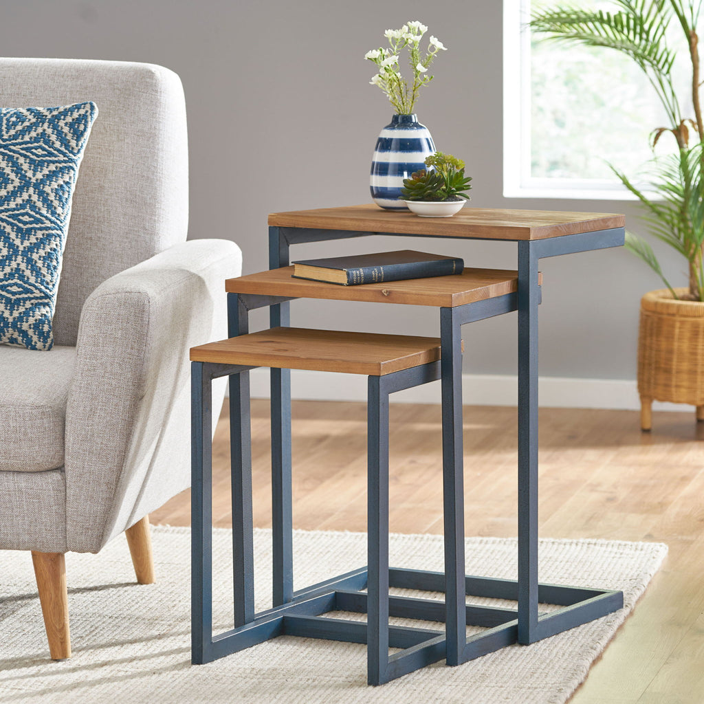 Kacha - Modern Industrial Firwood Nesting Tables (Set of 3) With Iron Frame - Antique Brown / Black