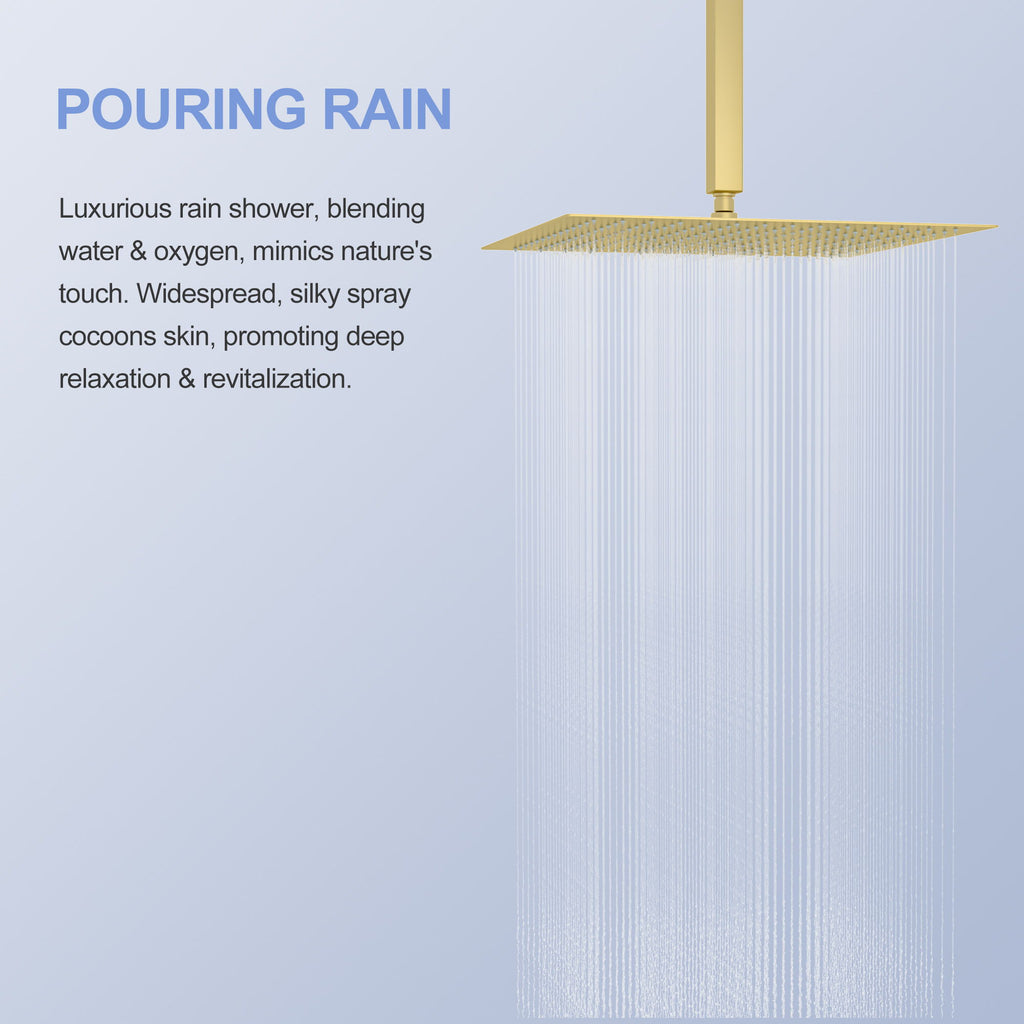 16" Square Rainfall Shower Head Fixed Wall Mount With Full Body Coverage & Self Cleaning Silicone Nozzles