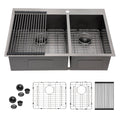 Double Bowl Drop In Sink With 2 - 9" Deep Basins - Gunmetal Black