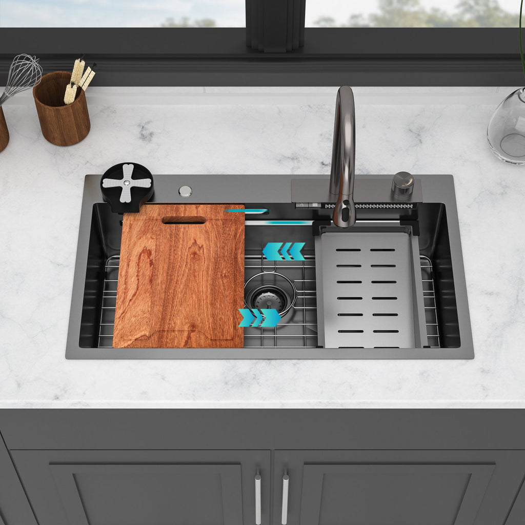 33" Stainless Steel Single Bowl Kitchen Sink With Waterfall Flow