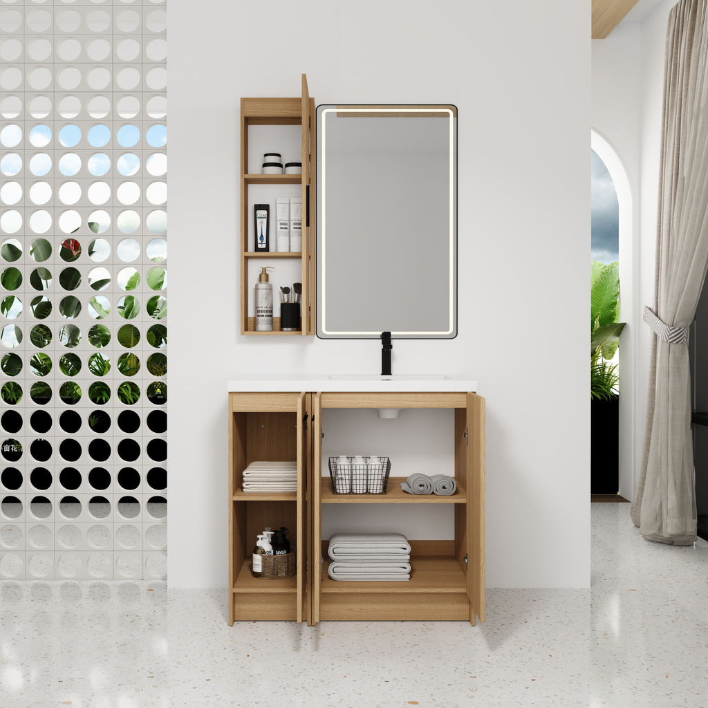 Freestanding Bathroom Vanity Set With Tall Linen Cabinet, 3 Door Storage Cabinet, Single Sink