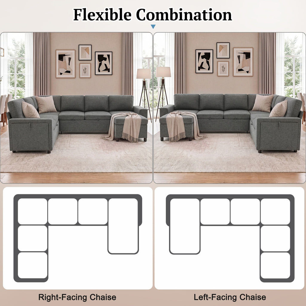 U - Shaped Convertible Sectional Sofa Bed With Storage, USB Charger & Cup Holders