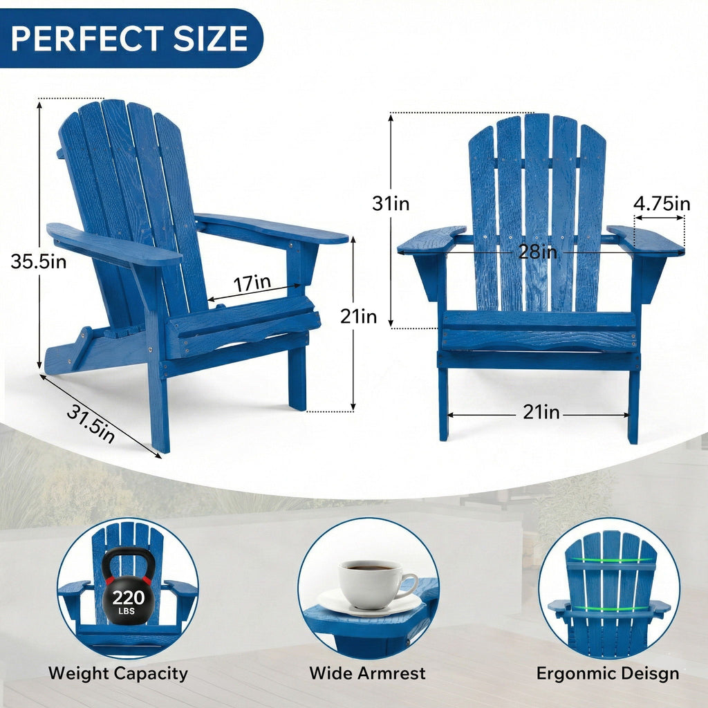 Folding Adirondack Lounge Chair With Embossed Grain For Patio, Backyard, Deck Or Pool Side - Navy Blue