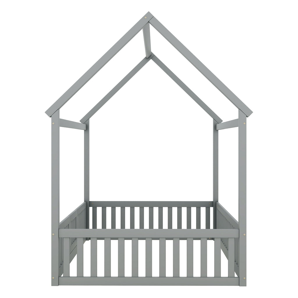 Wood House Bed With Fence And Door