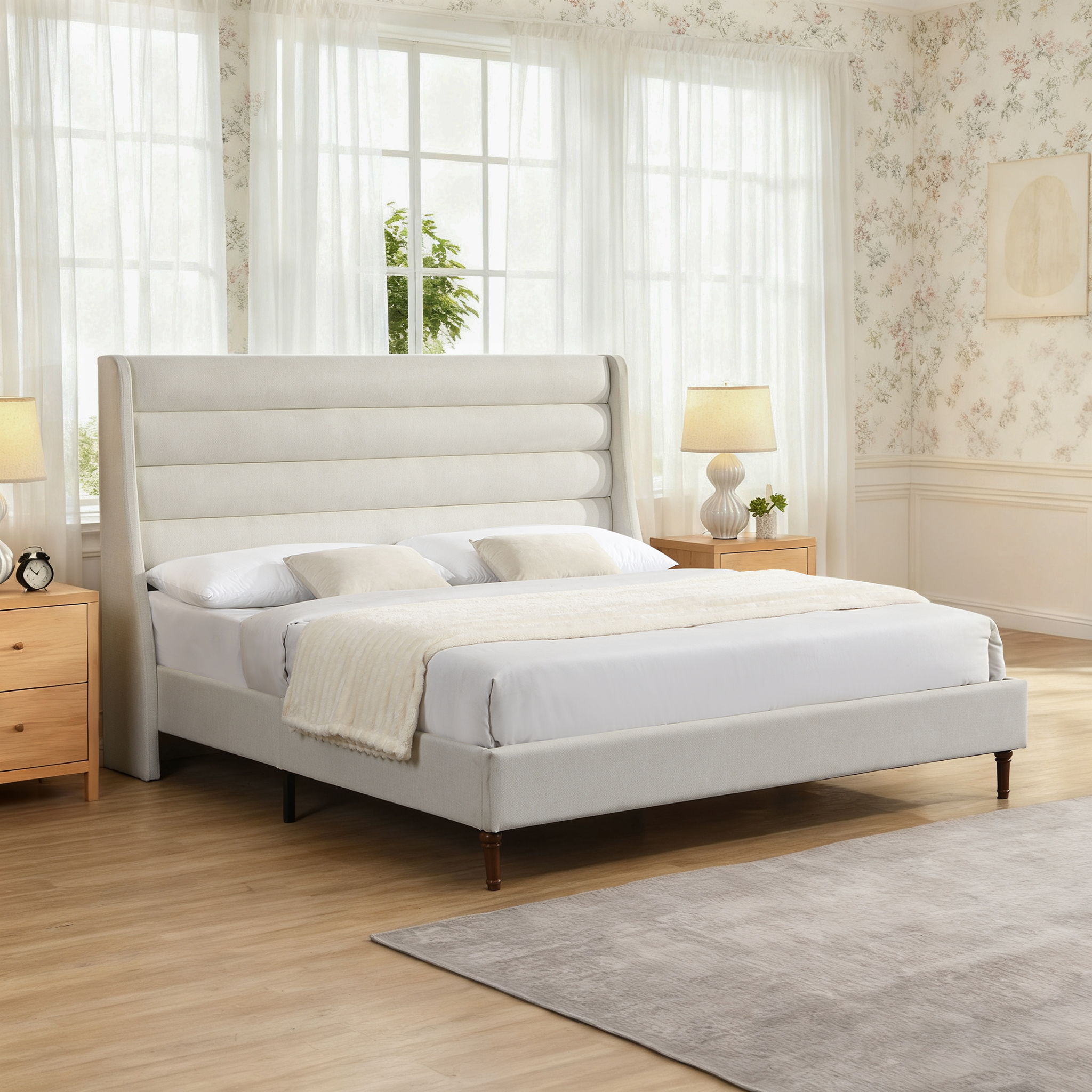Modern Upholstered Platform Bed With Wave Shaped Headboard