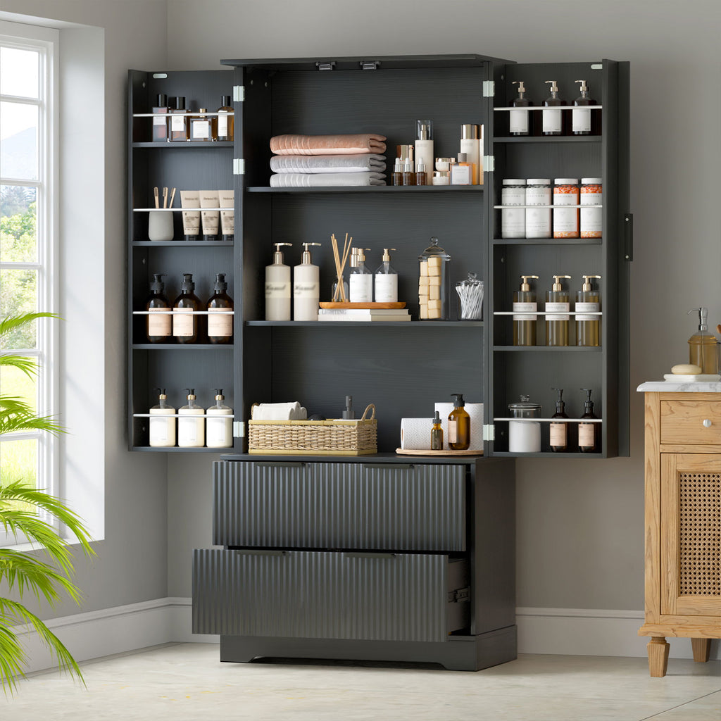 Fluted Kitchen Pantry Cabinet With 2 Large Drawers & 8 Door Spice Rack
