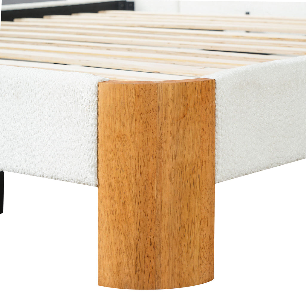 Upholstered Platform Bed Frame With Curved Headboard, Built-In Floating Shelves