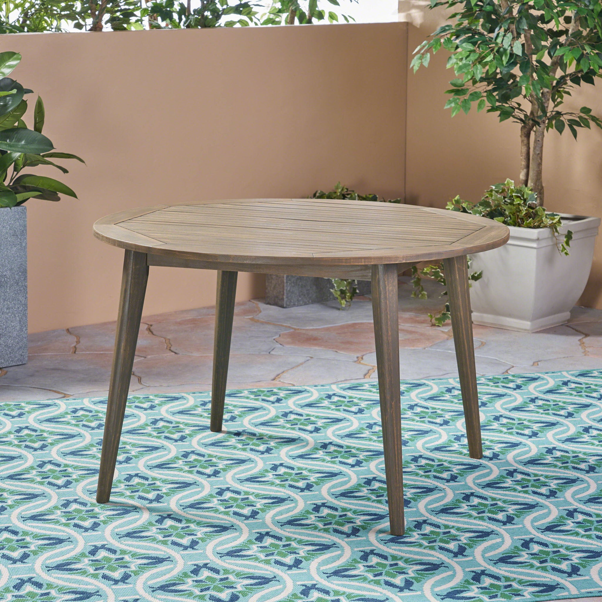 Round Outdoor Patio Table With Slatted Top - Gray
