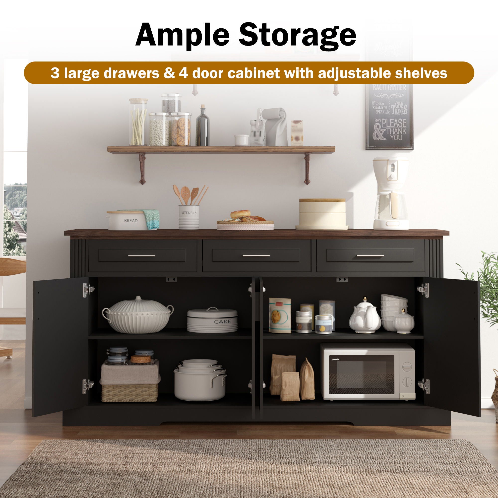 Fluted Sideboard Buffet Cabinet With 4 Doors And 3 Drawers