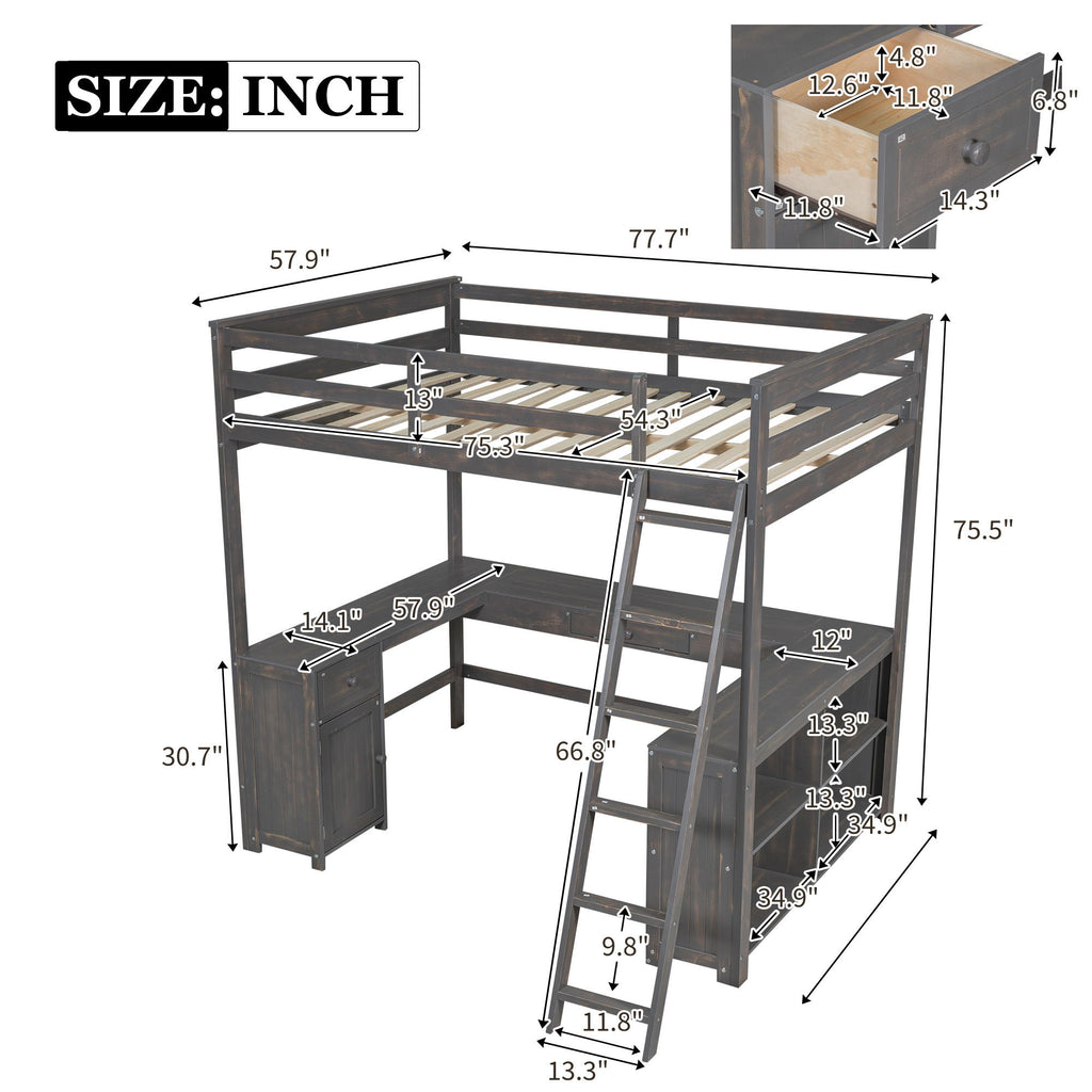 Loft Bed With U Shaped Desk, Drawers, And Storage Shelves