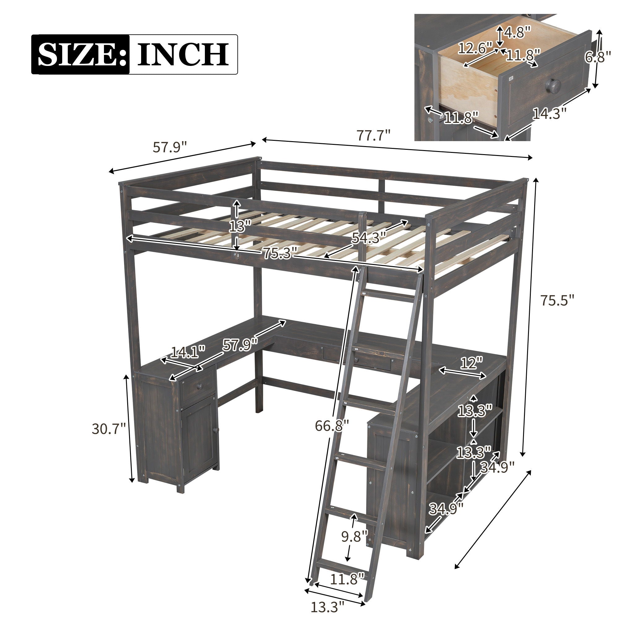 Loft Bed With U Shaped Desk, Drawers, And Storage Shelves
