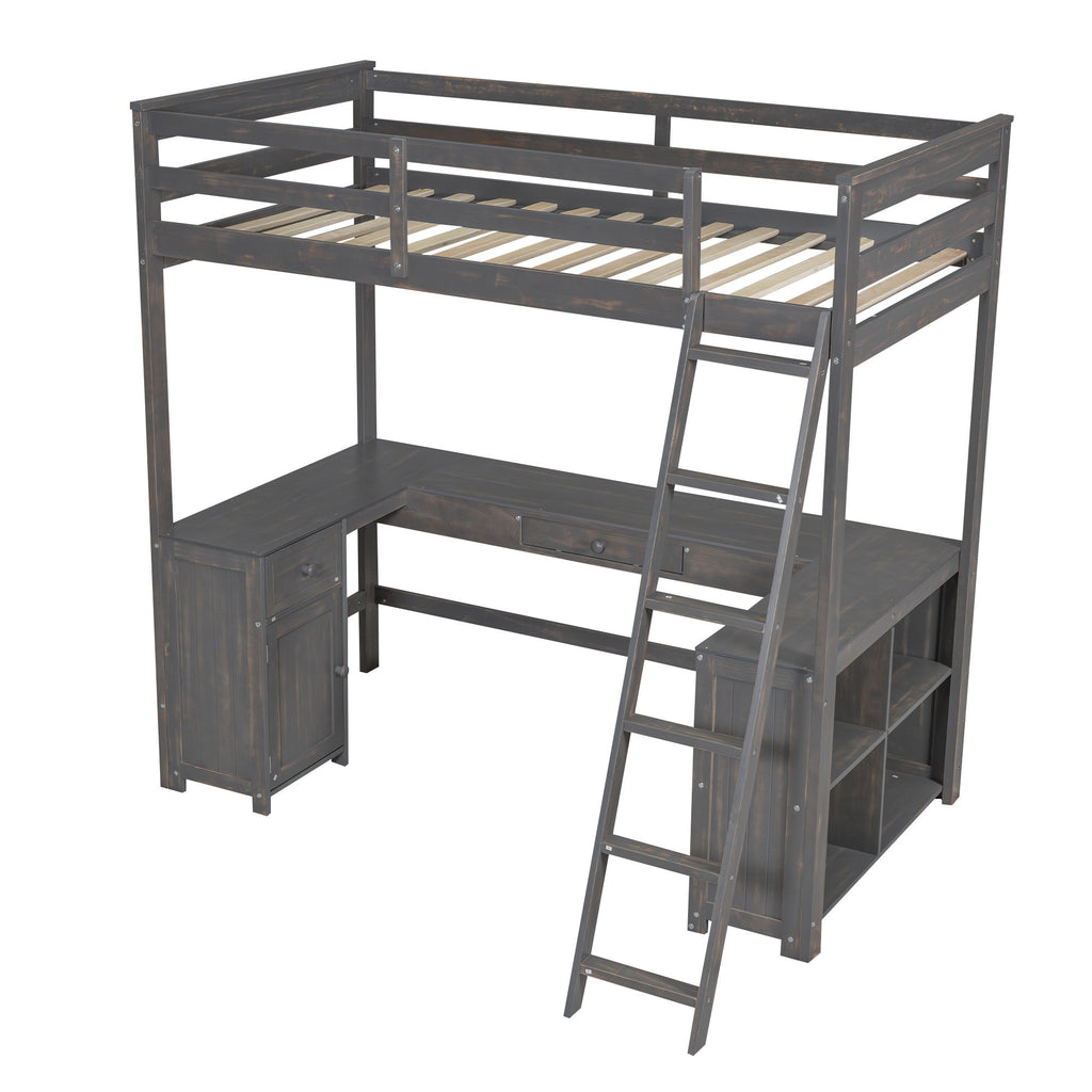 Loft Bed With U-Shaped Desk, Drawers, And Storage Shelves
