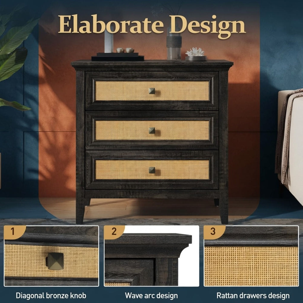 Nightstand With 3 Drawers, Tall End Table - Brown