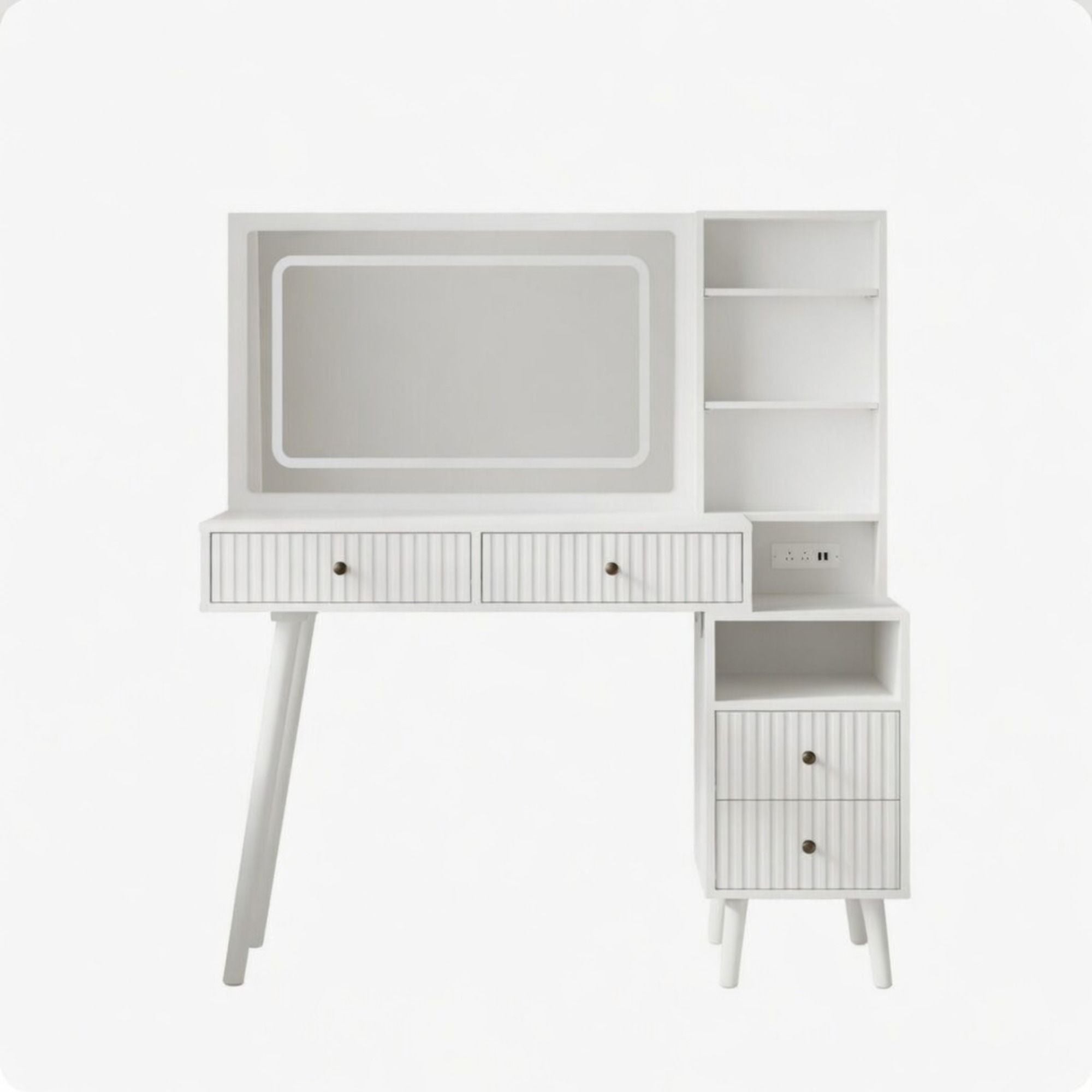 Fluted Vanity Desk With Lighted Mirror & Outlet 4 Drawer, Makeup Table - White