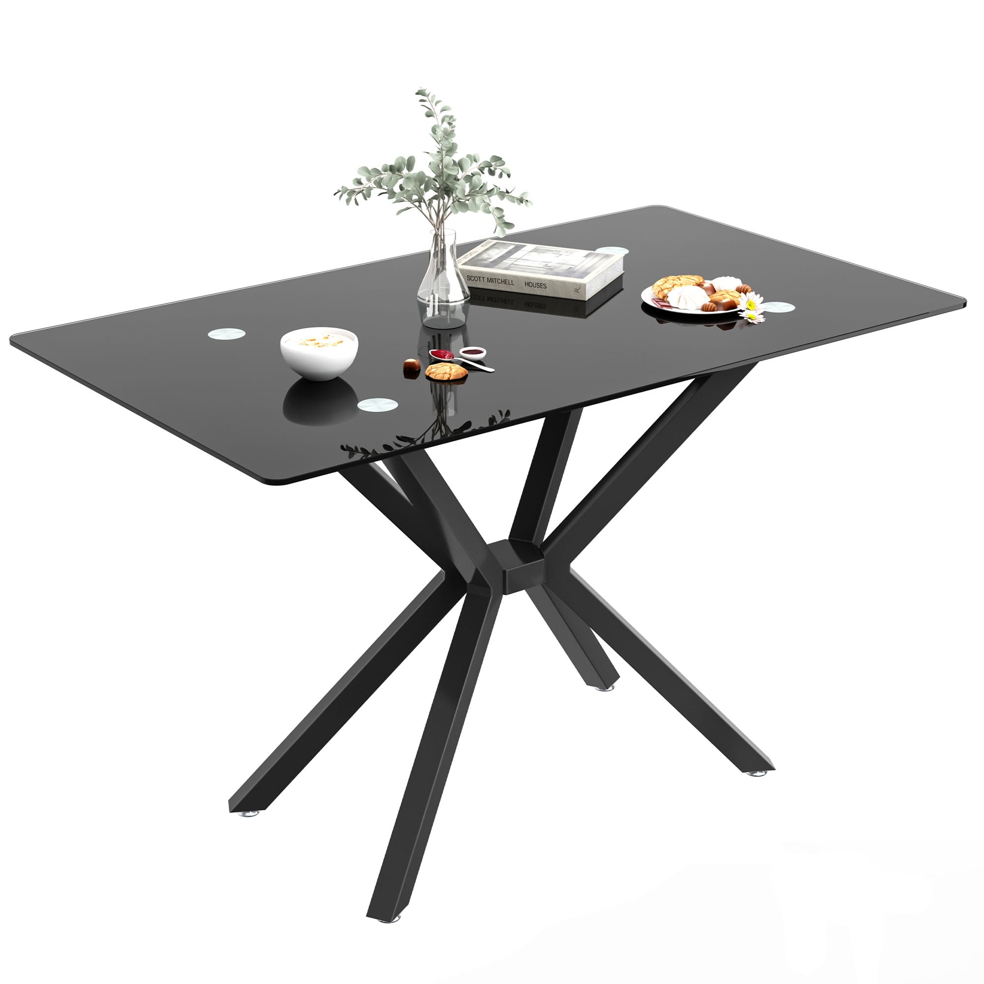 Rectangular Black Tempered Glass Dining Table, Stylish Design & Chrome Plated Metal Legs, Dining Table For Dining Room - Black