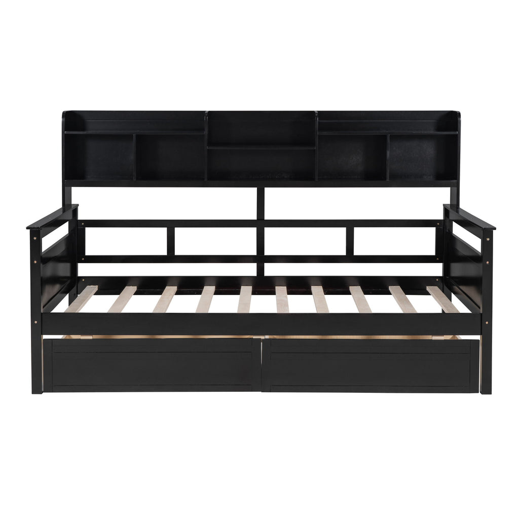 Daybed, Slat Support, With Bedside Shelves And 2 Drawers