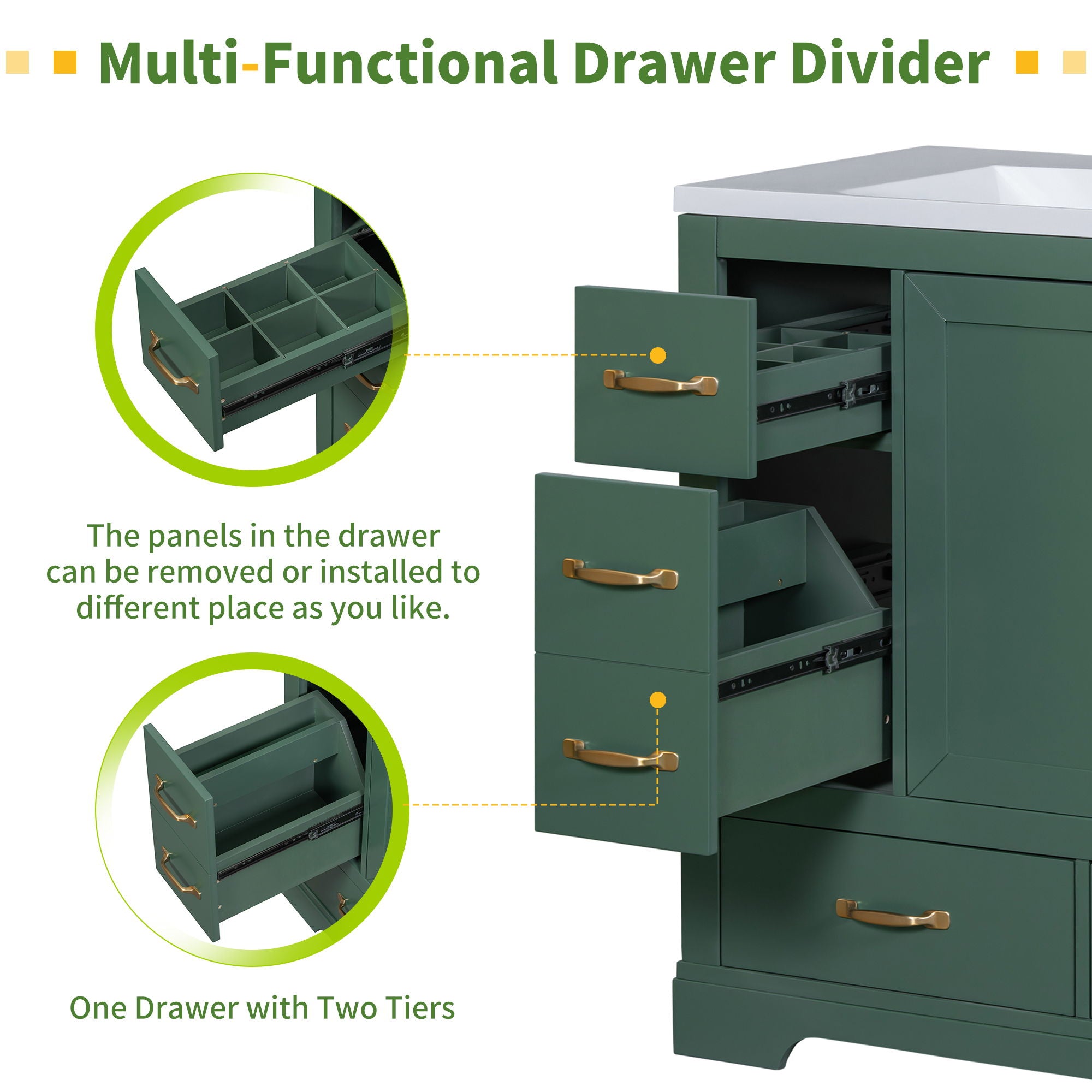 Modern Bathroom Vanity Base Only, 6 Drawer Storage With Adjustable Shelf