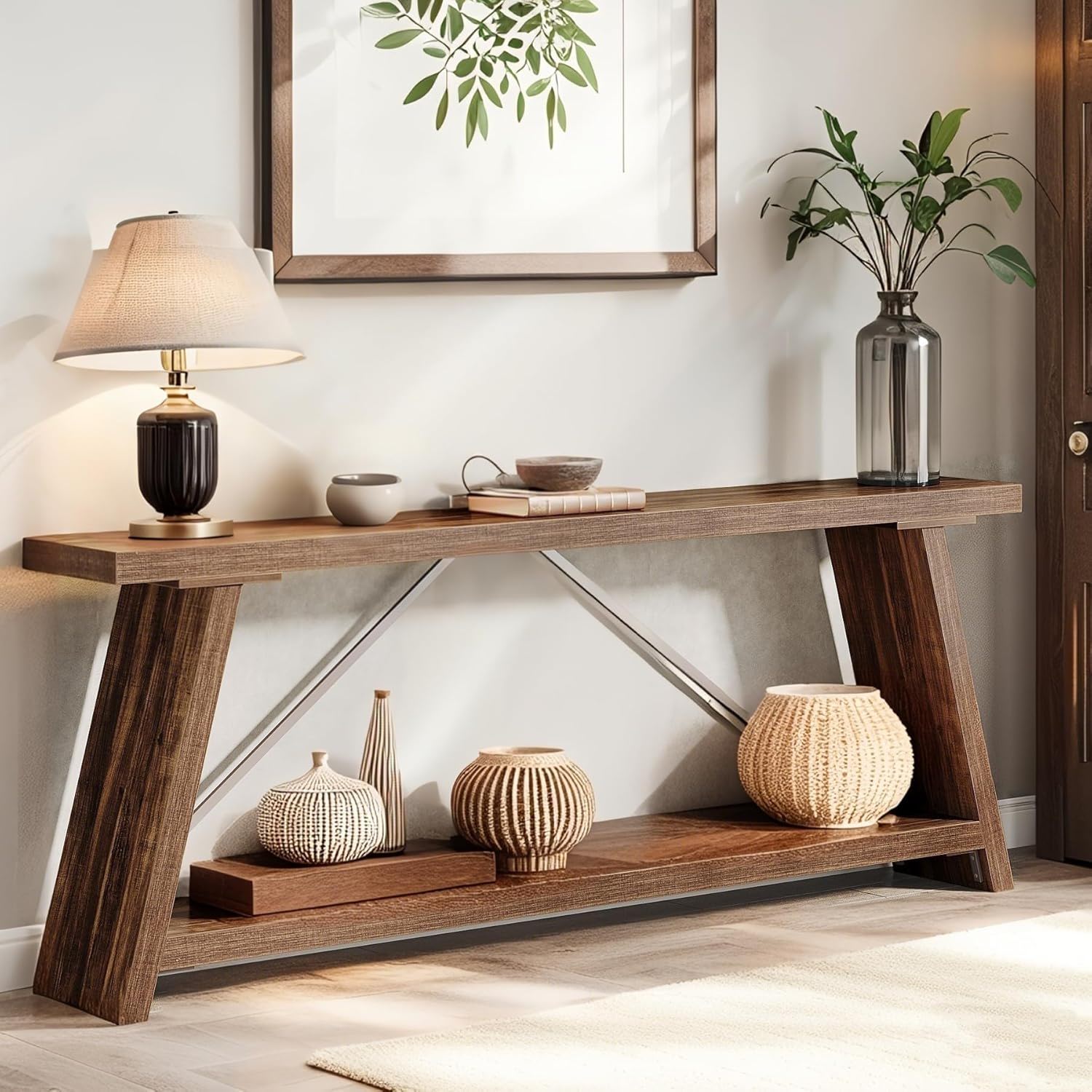 Console Table Extra Long Sofa Table With 2 Tier Shelves For Living Room